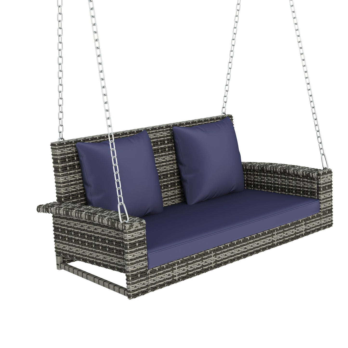 Melysen 2-Person Wicker Hanging Porch Swing with Chains, Cushion, Pillow, Rattan Swing Bench for Garden, Backyard, Pond. (Gray Wicker, Blue Cushion)