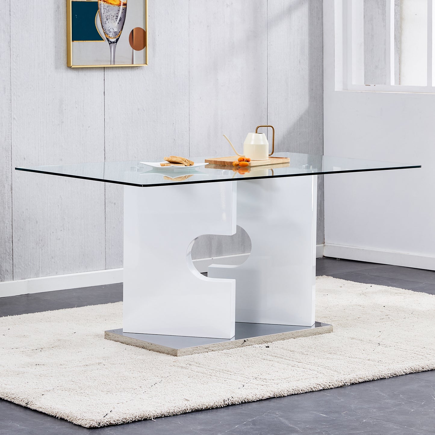 Melysen Large Modern Minimalist Rectangular Glass Dining Table, Suitable For 6-8 People, Equipped with 0.31"Thick Tempered Glass Tabletop and Mdf Board Irregular Support