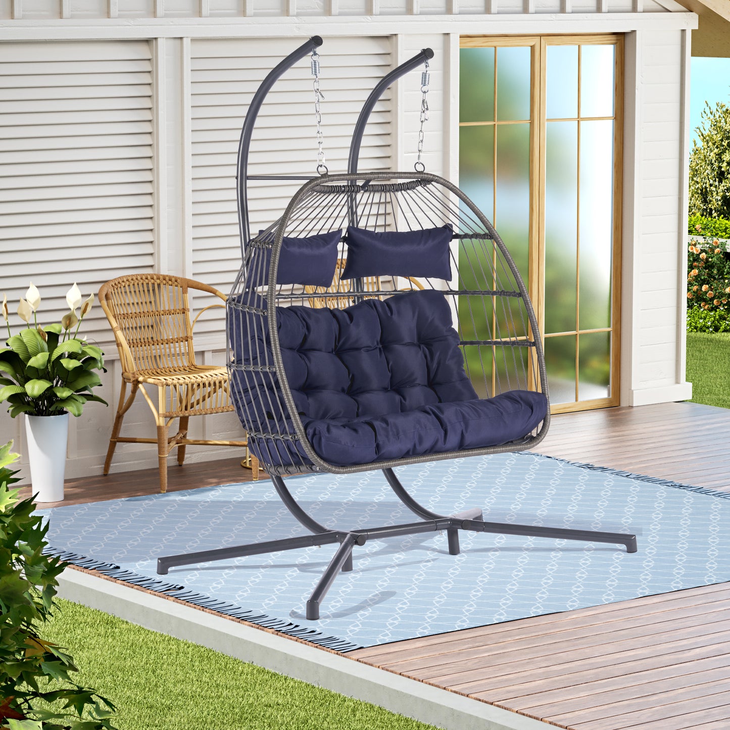 Melysen 2 Person Outdoor Rattan Hanging Chair Patio Wicker Egg Chair,Dark Blue