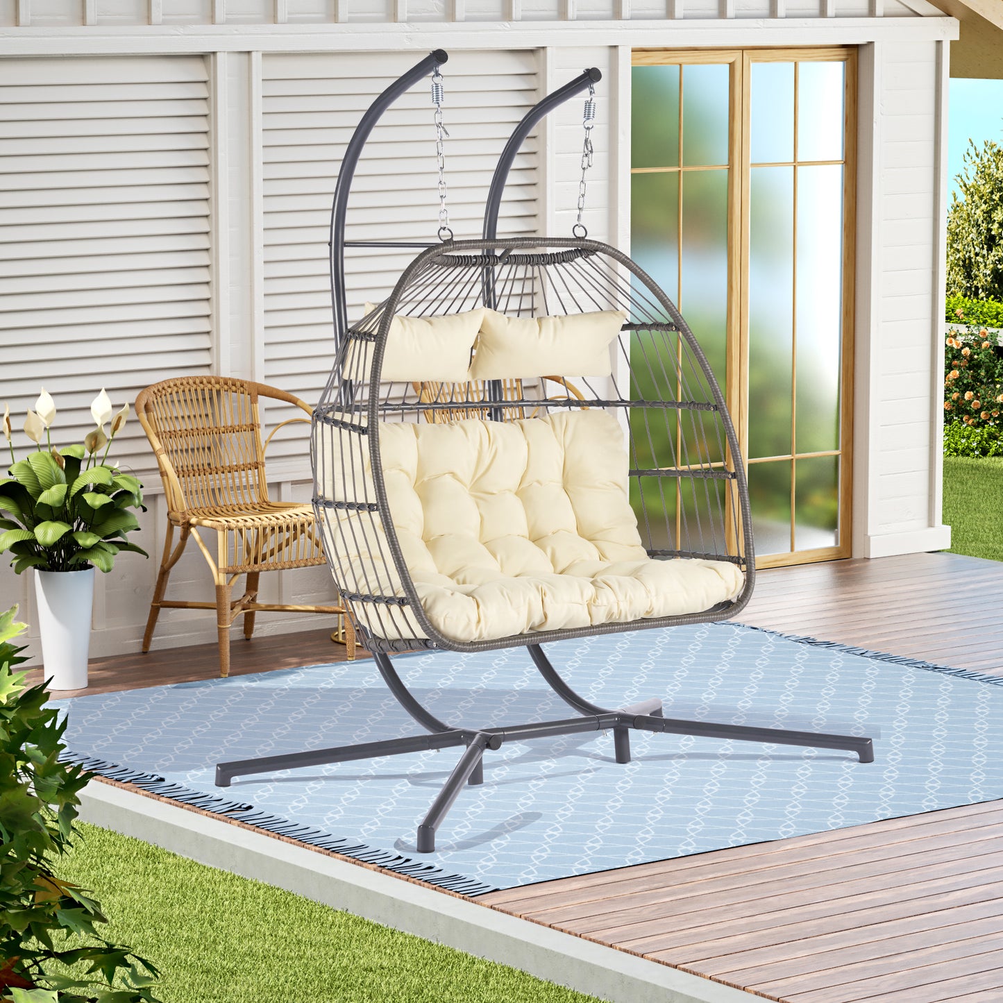 Melysen 2 Person Outdoor Rattan Hanging Chair Patio Wicker Egg Chair,Beige