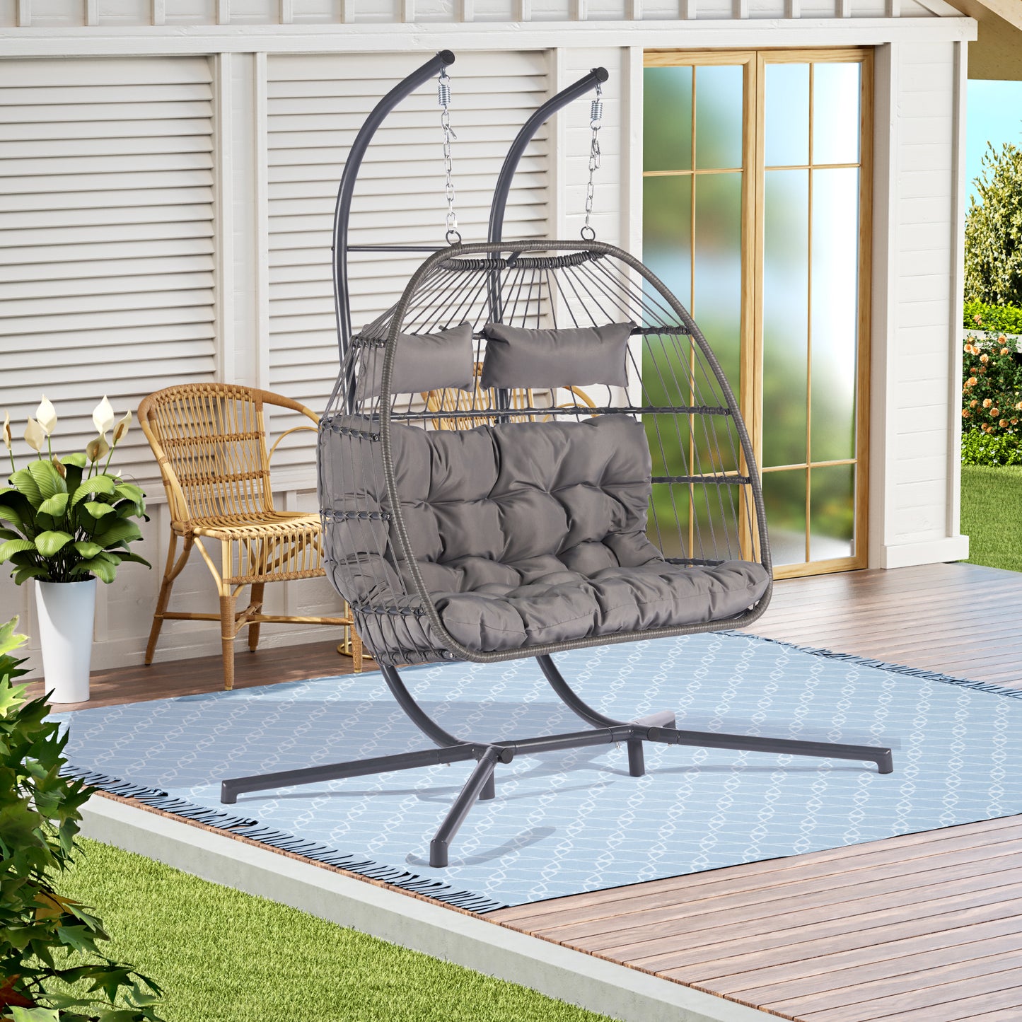 Melysen 2 Person Outdoor Rattan Hanging Chair Patio Wicker Egg Chair,Light Gray