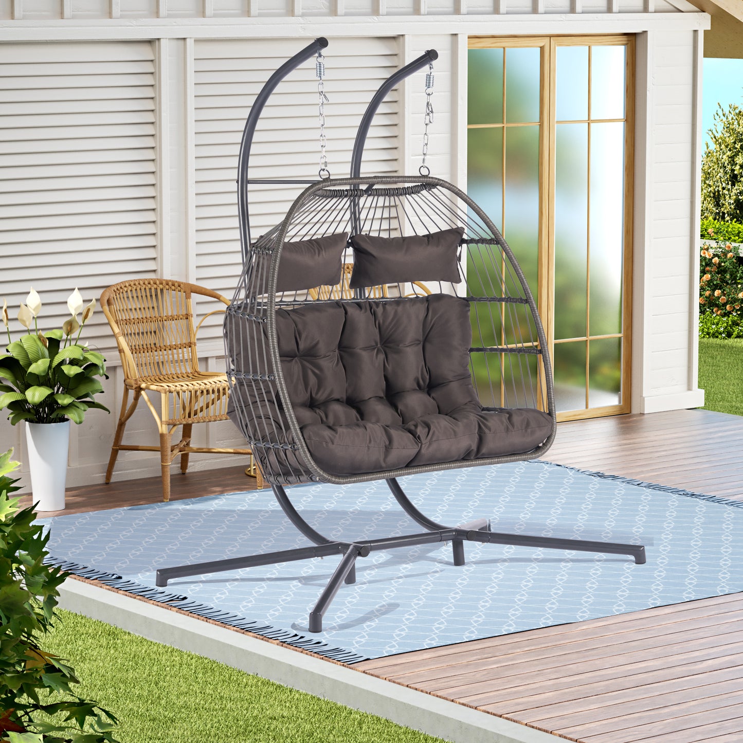 Melysen 2 Person Outdoor Rattan Hanging Chair Patio Wicker Egg Chair,Dark Gray