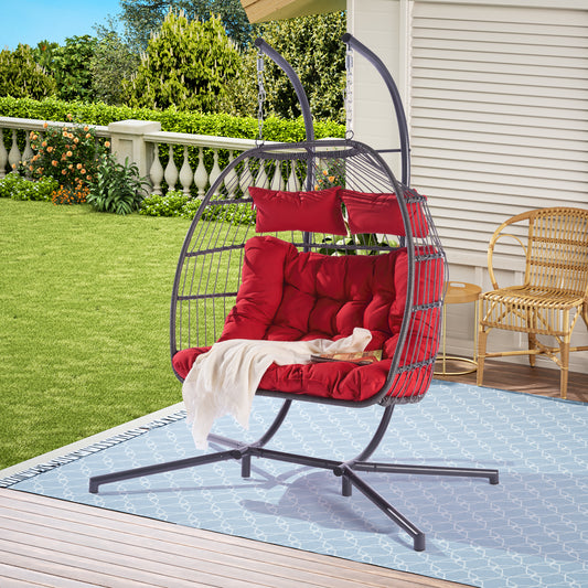 Melysen 2 Person Outdoor Rattan Hanging Chair Patio Wicker Egg Chair,Red