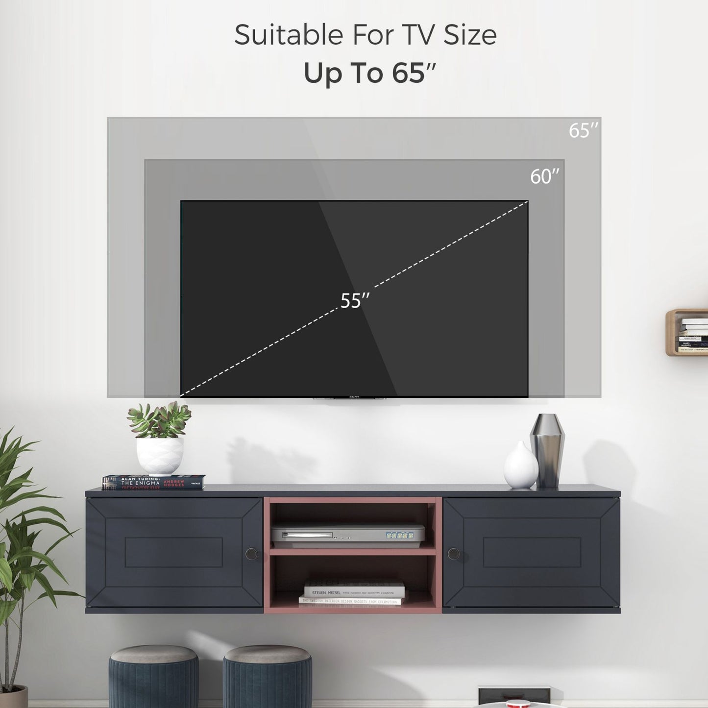 Melysen Wall Mounted 65" Floating TV Stand with Large Storage Space, 3 Levels Adjustable shelves, Magnetic Cabinet Door, Cable Management,Black