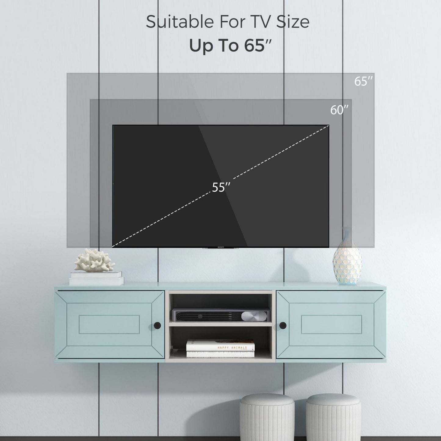 Melysen Wall Mounted 65" Floating TV Stand with Large Storage Space, 3 Levels Adjustable shelves, Magnetic Cabinet Door, Cable Management,Blue