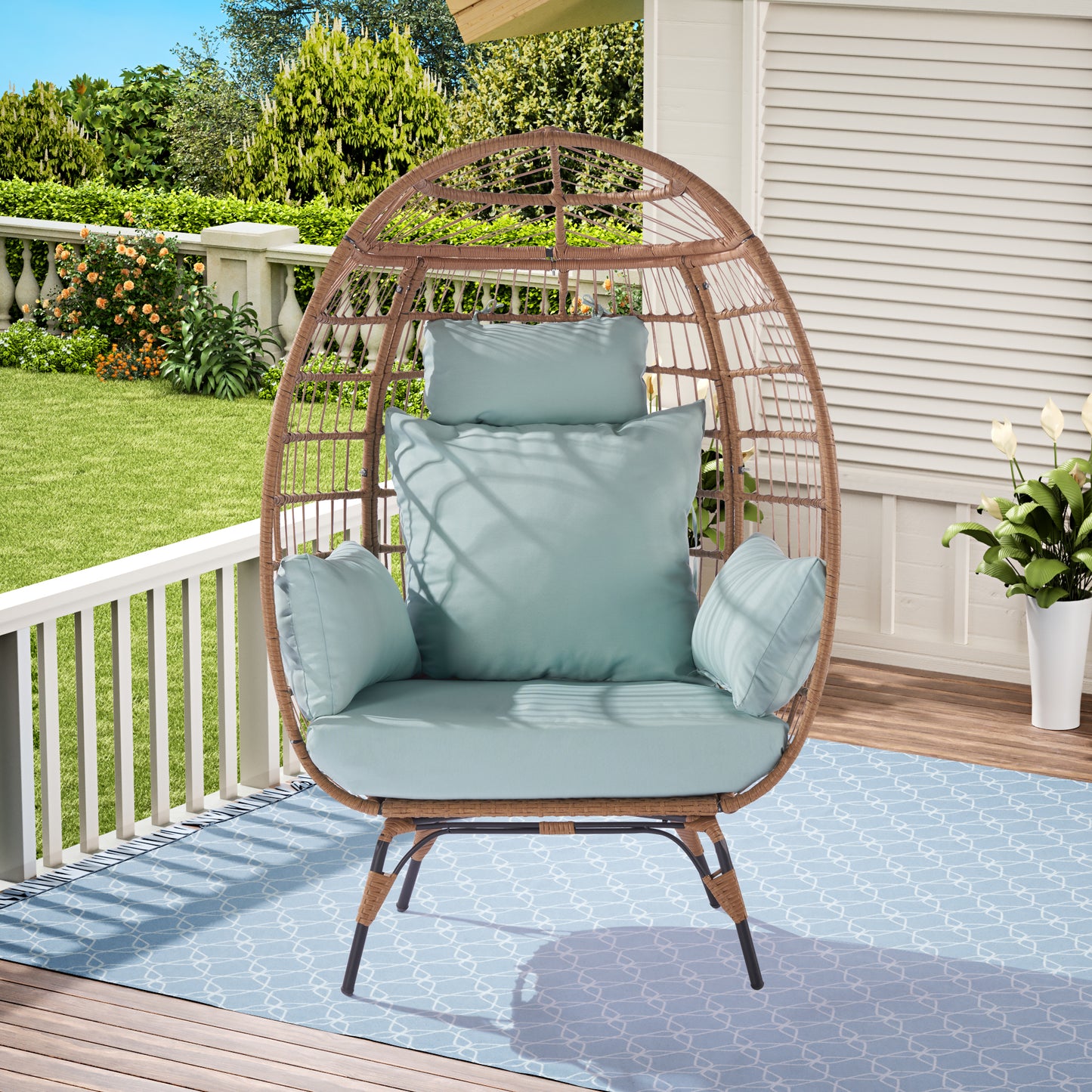 Melysen Wicker Egg Chair, Oversized Indoor Outdoor Lounger for Patio, Backyard, Living Room w/ 5 Cushions, Steel Frame, 440lb Capacity - Light Blue