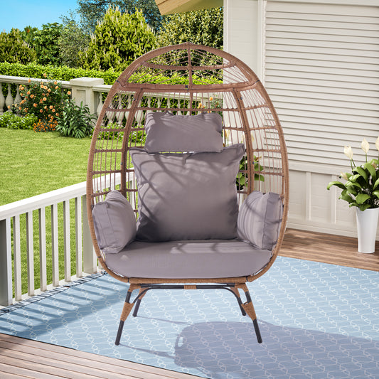 Melysen Wicker Egg Chair, Oversized Indoor Outdoor Lounger for Patio, Backyard, Living Room w/ 5 Cushions, Steel Frame, 440lb Capacity - Light Grey