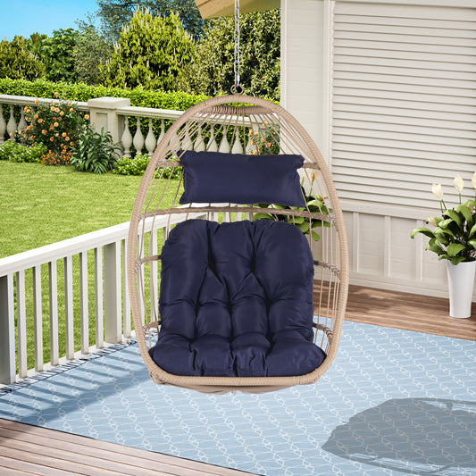 Melysen Outdoor Garden Rattan Egg Swing Chair Hanging Chair  Wood + Dark Blue