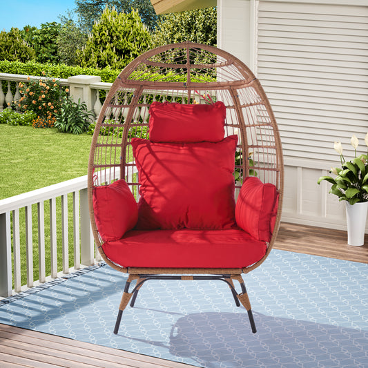 Melysen Wicker Egg Chair, Oversized Indoor Outdoor Lounger for Patio, Backyard, Living Room w/ 5 Cushions, Steel Frame, 440lb Capacity - Red