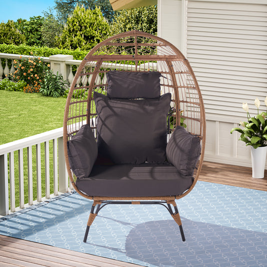 Melysen Wicker Egg Chair, Oversized Indoor Outdoor Lounger for Patio, Backyard, Living Room w/ 5 Cushions, Steel Frame, 440lb Capacity - Dark Grey