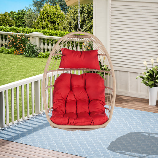 Melysen Outdoor Garden Rattan Egg Swing Chair Hanging Chair Wood+Red cushion