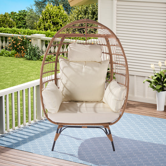 Melysen Wicker Egg Chair, Oversized Indoor Outdoor Lounger for Patio, Backyard, Living Room w/ 5 Cushions, Steel Frame, 440lb Capacity - Beige