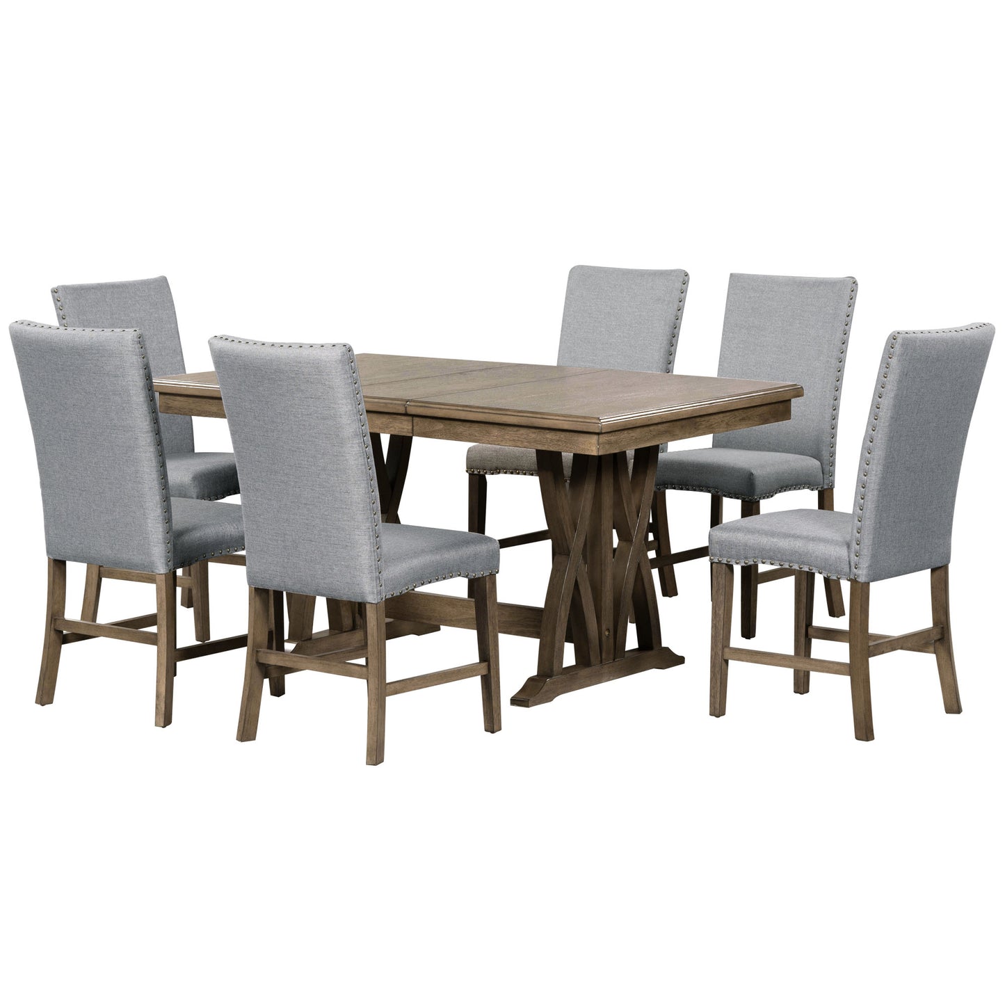 Melysen Mid-Century Solid Wood 7-Piece Dining Table Set Extendable Kitchen Table Set with Upholstered Chairs and 12" Leaf for 6, Golden Brown+Gray Cushion