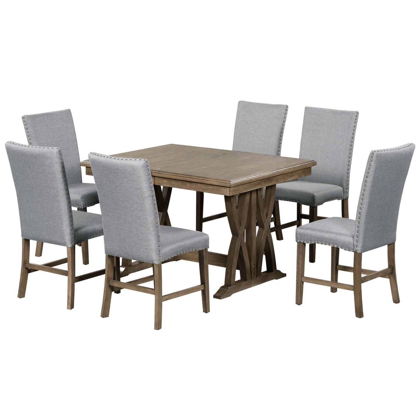 Melysen Mid-Century Solid Wood 7-Piece Dining Table Set Extendable Kitchen Table Set with Upholstered Chairs and 12" Leaf for 6, Golden Brown+Gray Cushion