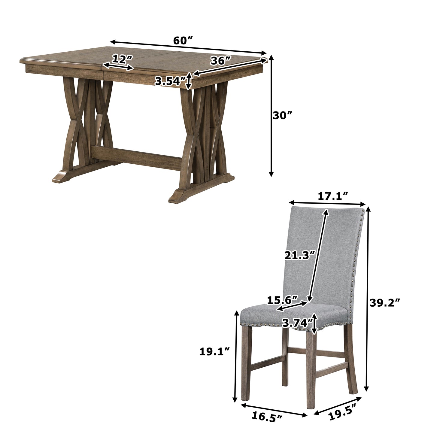 Melysen Mid-Century Solid Wood 7-Piece Dining Table Set Extendable Kitchen Table Set with Upholstered Chairs and 12" Leaf for 6, Golden Brown+Gray Cushion