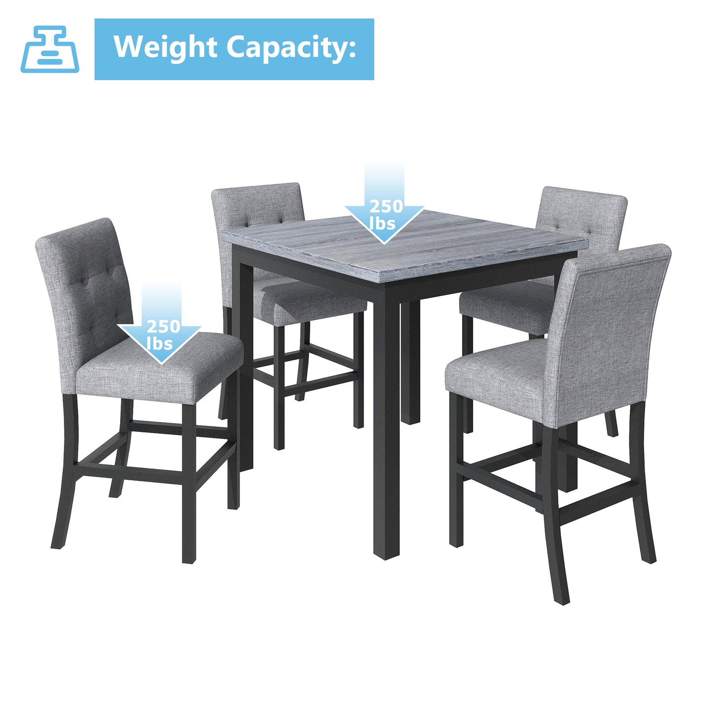 Melysen 5-Piece Counter Height Dining Set Wood Square Dining Room Table and Chairs Stools w/Footrest & 4 Upholstered high-back Chairs,Black