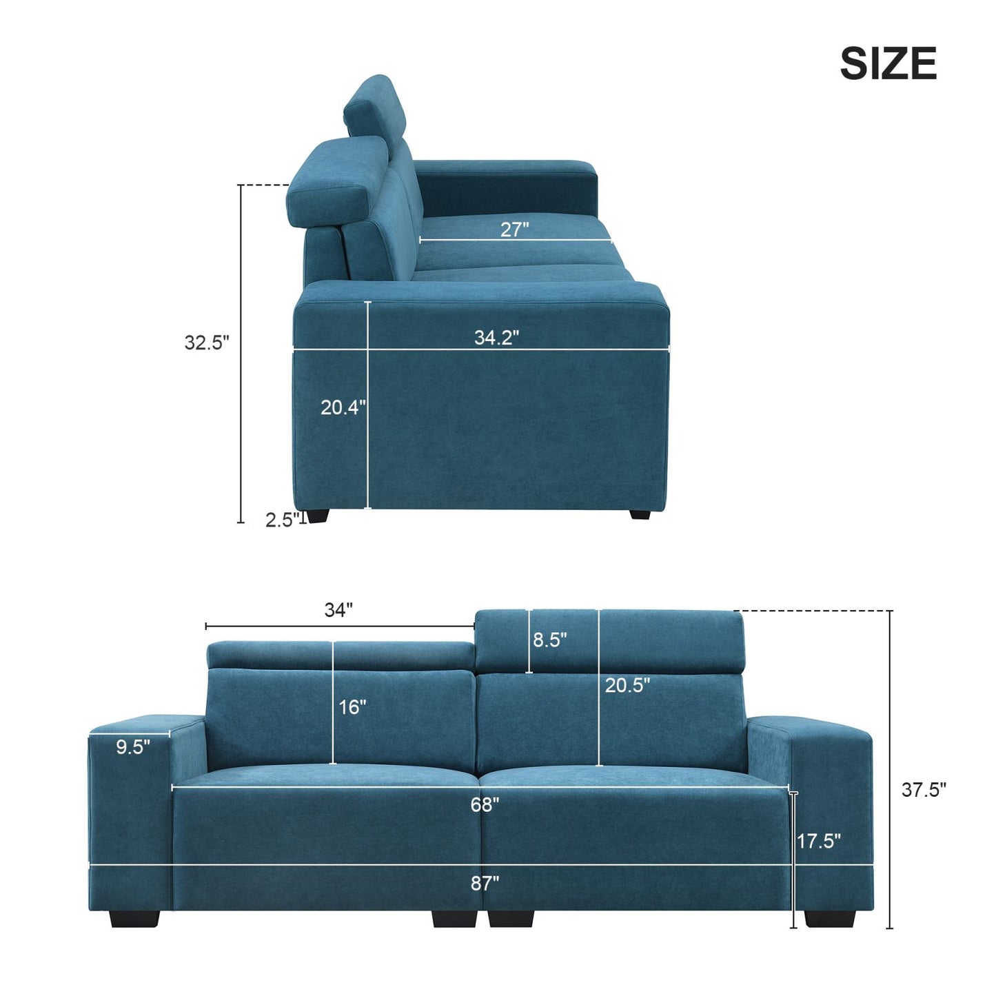 Melysen 87*34.2" 2-3 Seater Sectional Sofa Couch with Multi-Angle Adjustable Headrest, Spacious and Comfortable Velvet Loveseat for Living Room,Studios,Salon, Bedroom,Apartment,3 Color