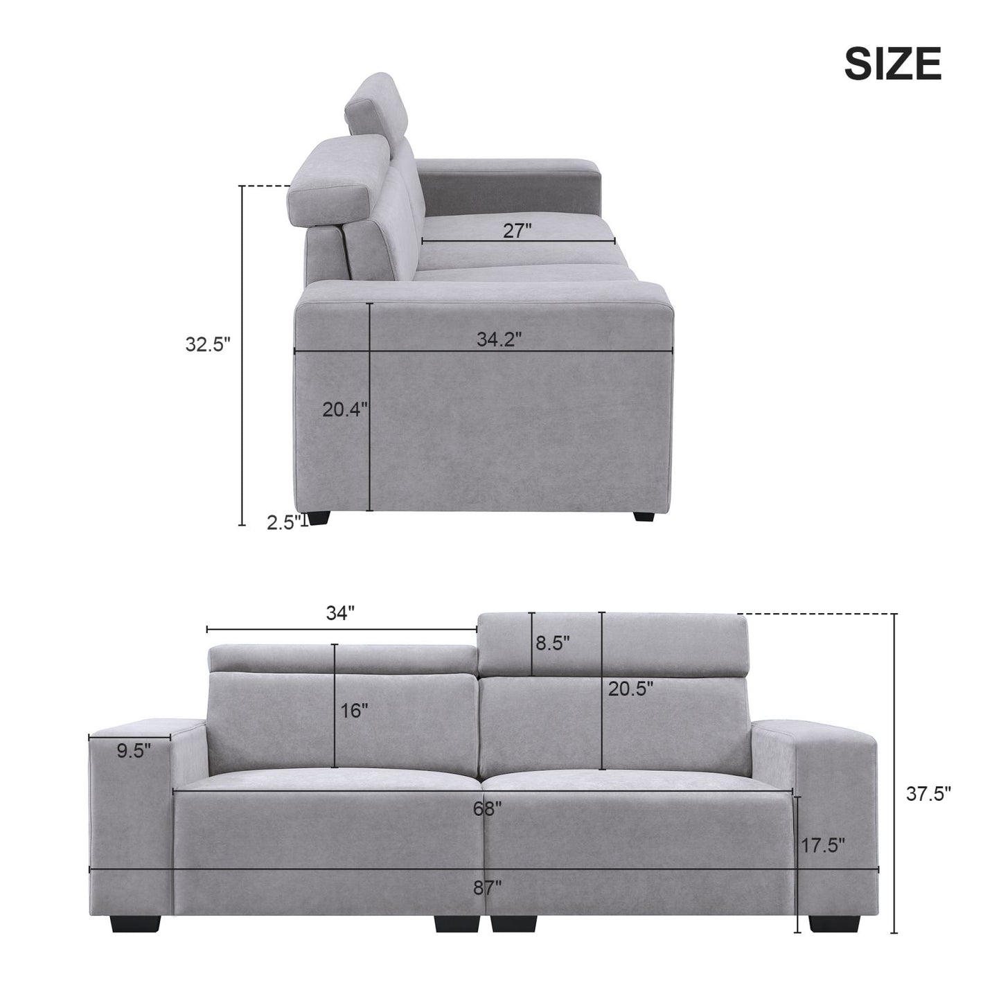 Melysen 87*34.2" 2-3 Seater Sectional Sofa Couch with Multi-Angle Adjustable Headrest, Spacious and Comfortable Velvet Loveseat for Living Room,Studios,Salon, Bedroom,Apartment,3 Color