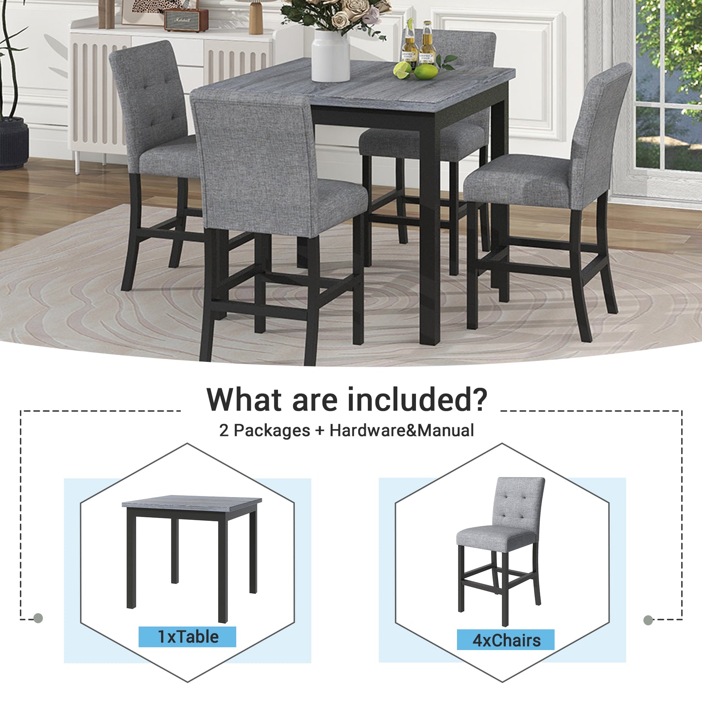 Melysen 5-Piece Counter Height Dining Set Wood Square Dining Room Table and Chairs Stools w/Footrest & 4 Upholstered high-back Chairs,Black