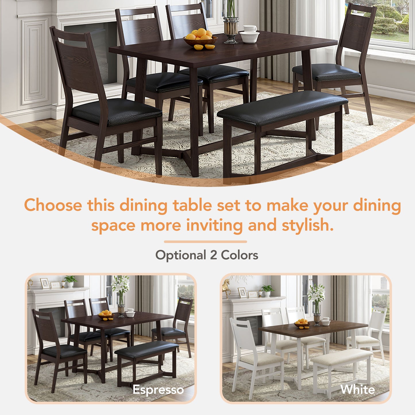 Melysen Farmhouse 6-Piece Wood Dining Table Set with 4 Upholstered Chairs and Bench