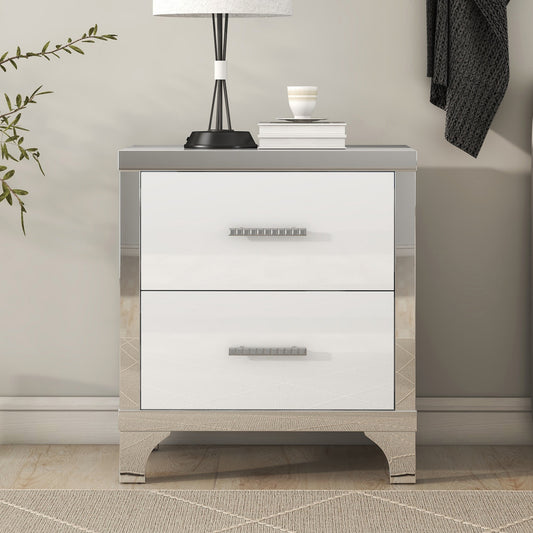 Melysen Elegant High Gloss Nightstand with Metal Handle,Mirrored Bedside Table with 2 Drawers for Bedroom,Living Room