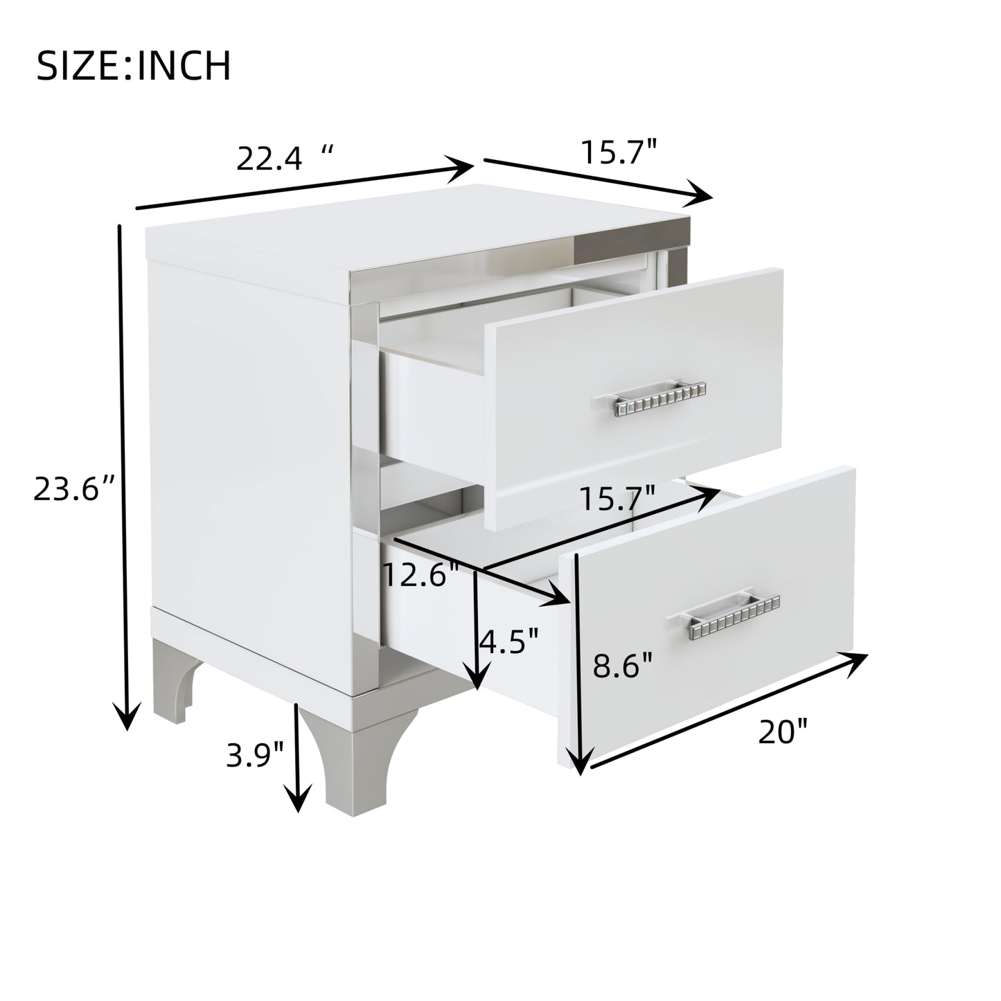 Melysen Elegant High Gloss Nightstand with Metal Handle,Mirrored Bedside Table with 2 Drawers for Bedroom,Living Room