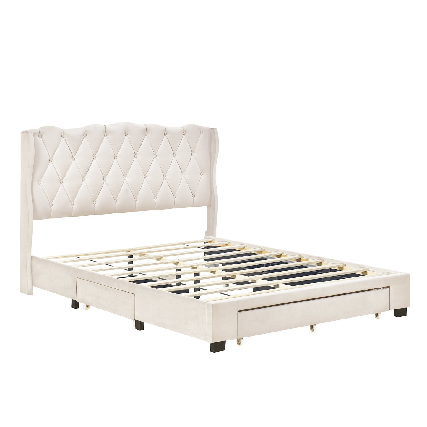 Melysen Upholstered Platform Bed with Tufted Headboard and 3 Drawers, No Box Spring Needed, Velvet Fabric, Queen Size