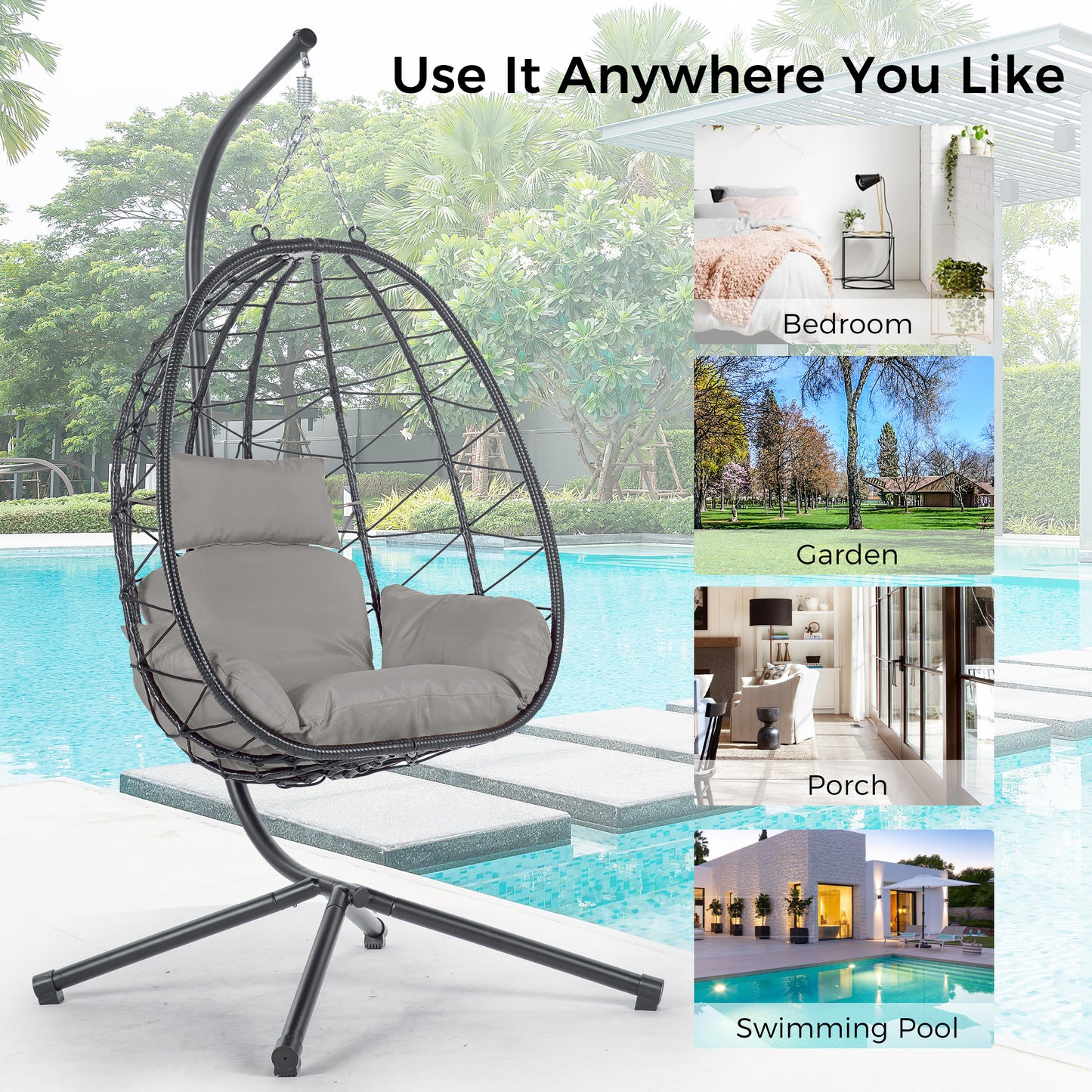 Melysen Egg Chair with Stand Indoor Outdoor Swing Chair Patio Wicker Hanging Egg Chair Hanging Basket Chair Hammock Chair with Stand for Bedroom Living Room Balcony,Light Gray