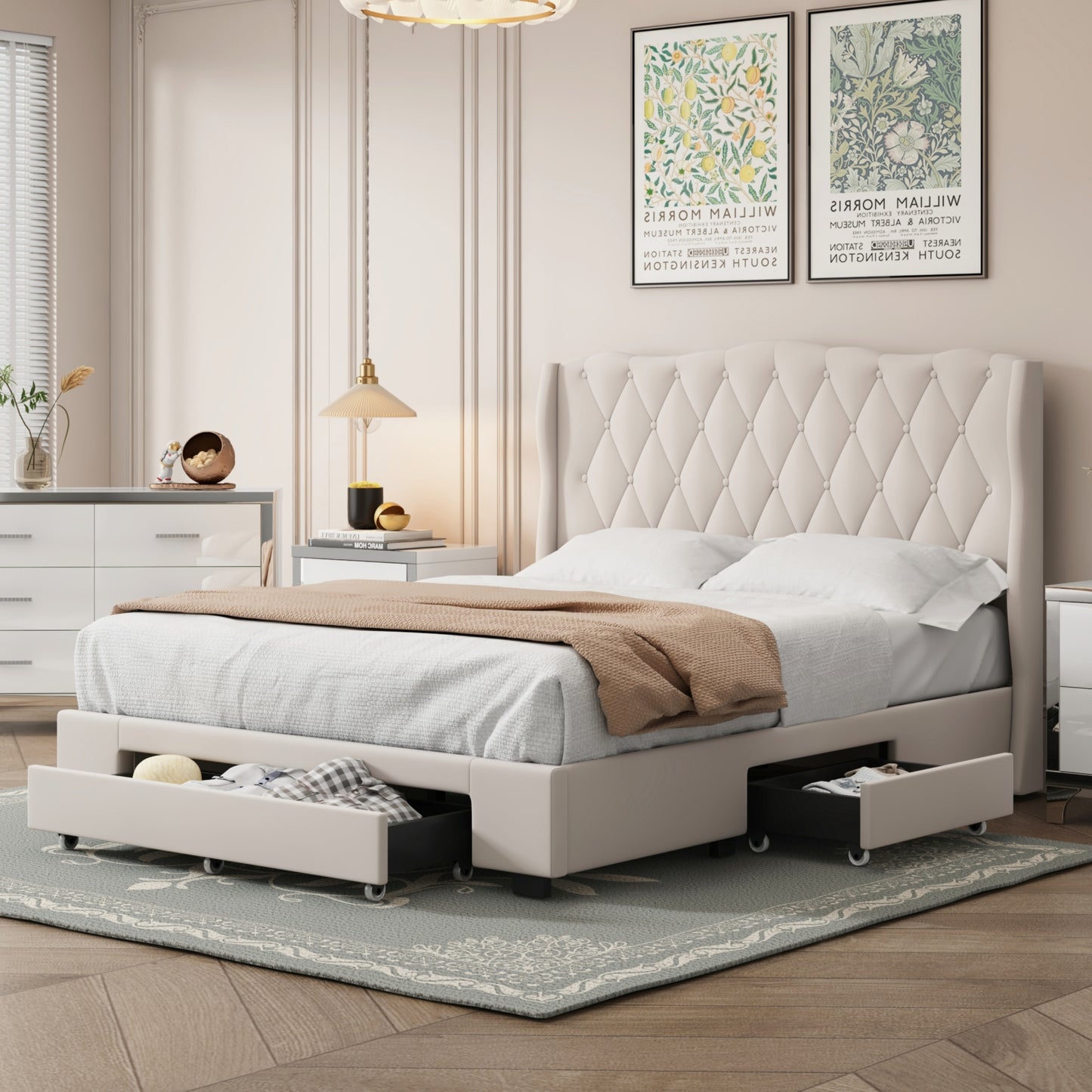 Melysen Upholstered Platform Bed with Tufted Headboard and 3 Drawers, No Box Spring Needed, Velvet Fabric, Queen Size