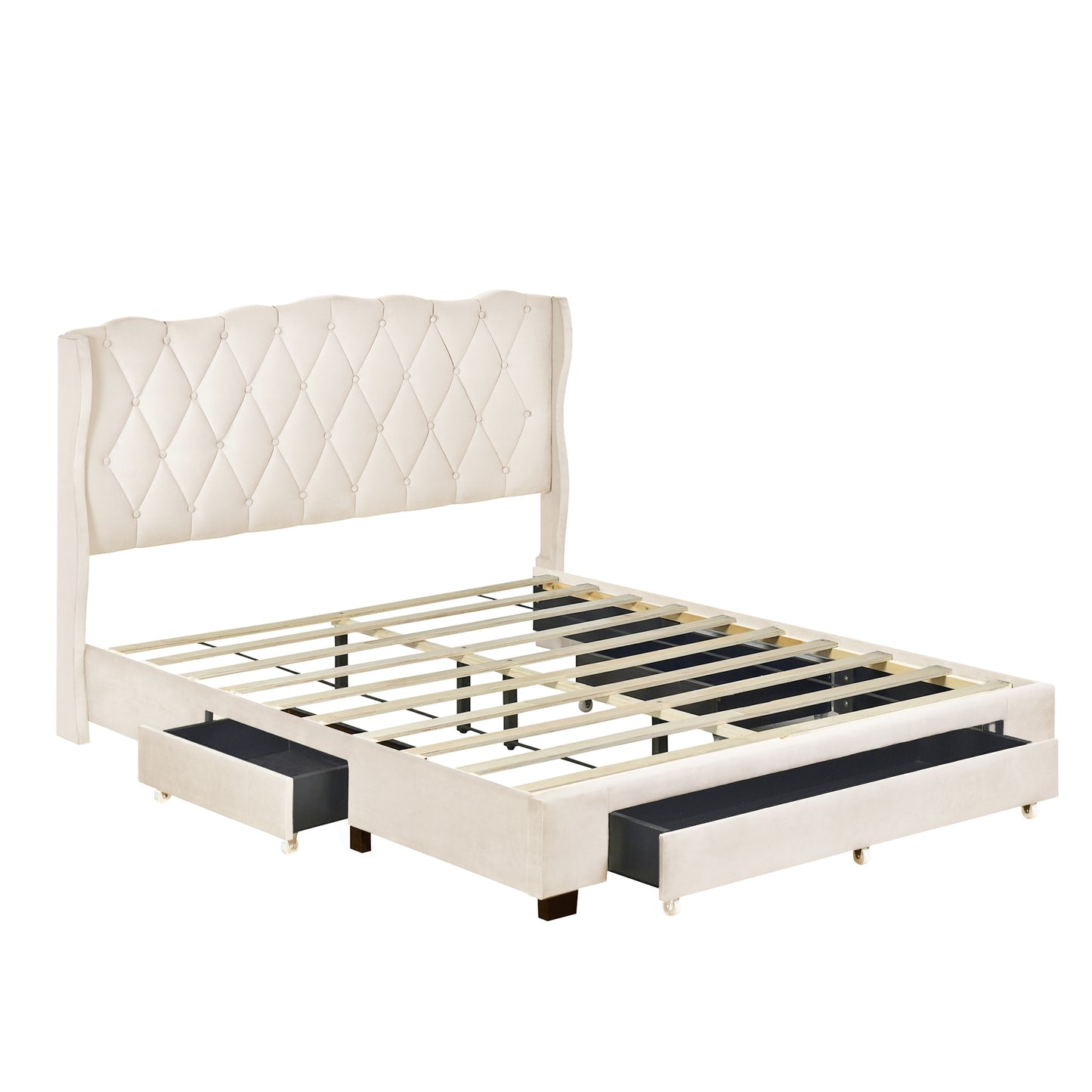 Melysen Upholstered Platform Bed with Tufted Headboard and 3 Drawers, No Box Spring Needed, Velvet Fabric, Queen Size