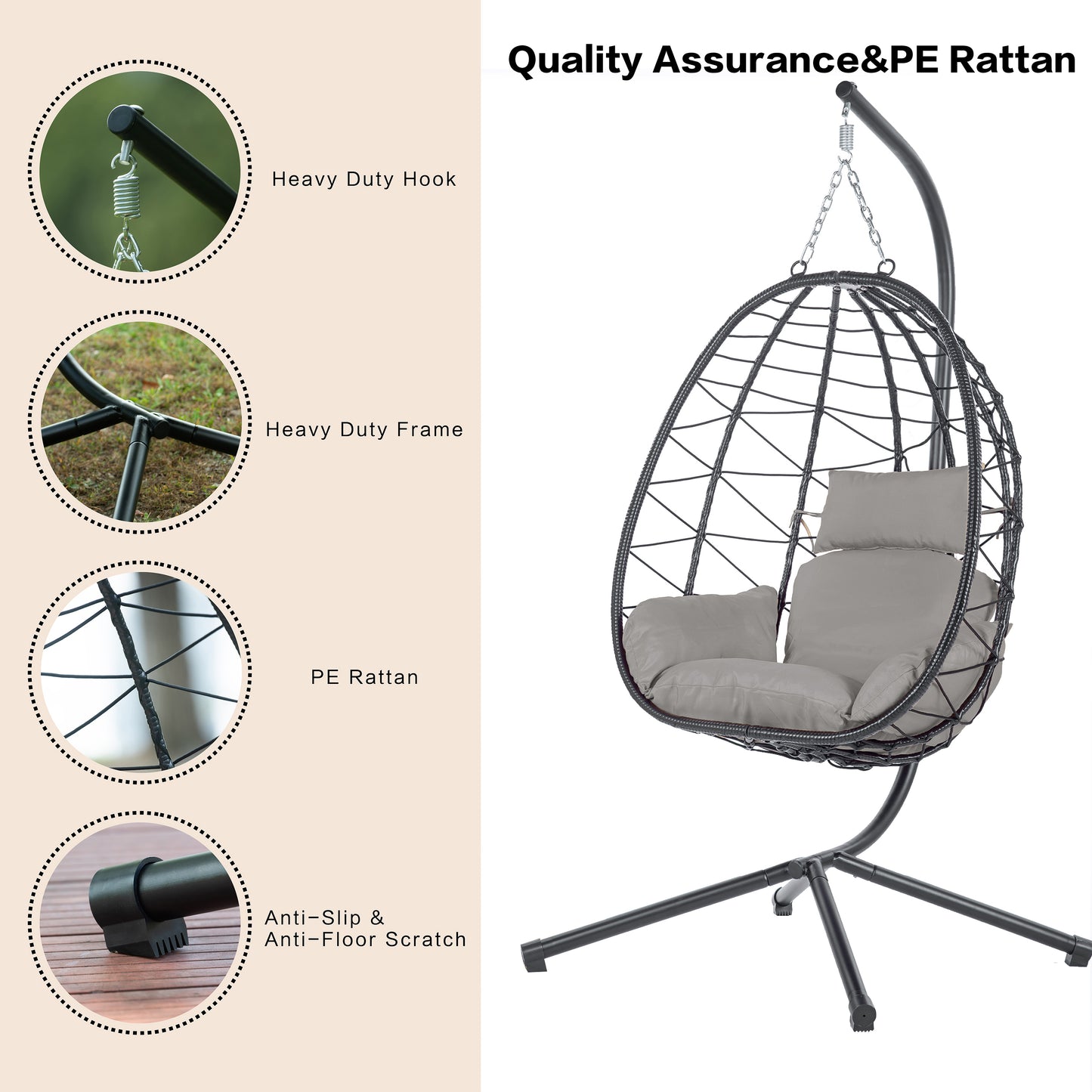 Melysen Egg Chair with Stand Indoor Outdoor Swing Chair Patio Wicker Hanging Egg Chair Hanging Basket Chair Hammock Chair with Stand for Bedroom Living Room Balcony,Light Gray