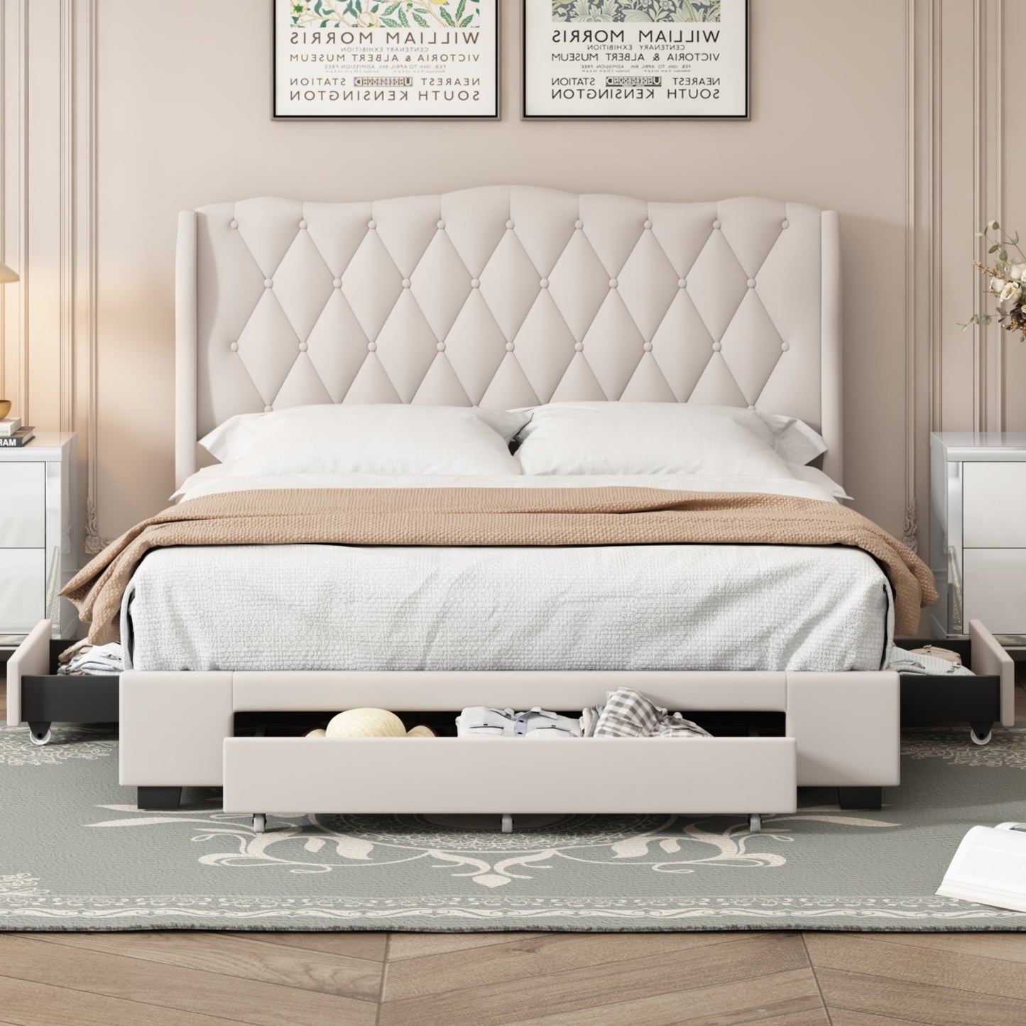 Melysen Upholstered Platform Bed with Tufted Headboard and 3 Drawers, No Box Spring Needed, Velvet Fabric, Queen Size