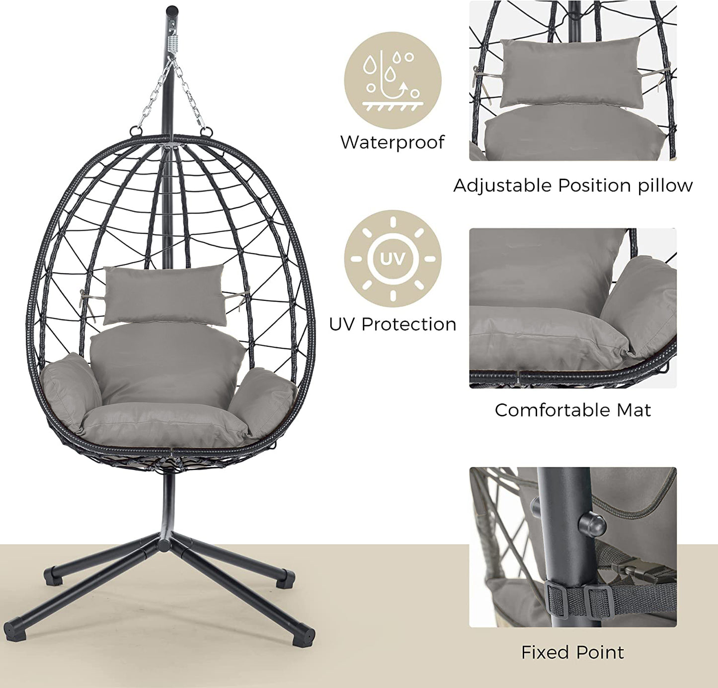 Melysen Egg Chair with Stand Indoor Outdoor Swing Chair Patio Wicker Hanging Egg Chair Hanging Basket Chair Hammock Chair with Stand for Bedroom Living Room Balcony,Light Gray