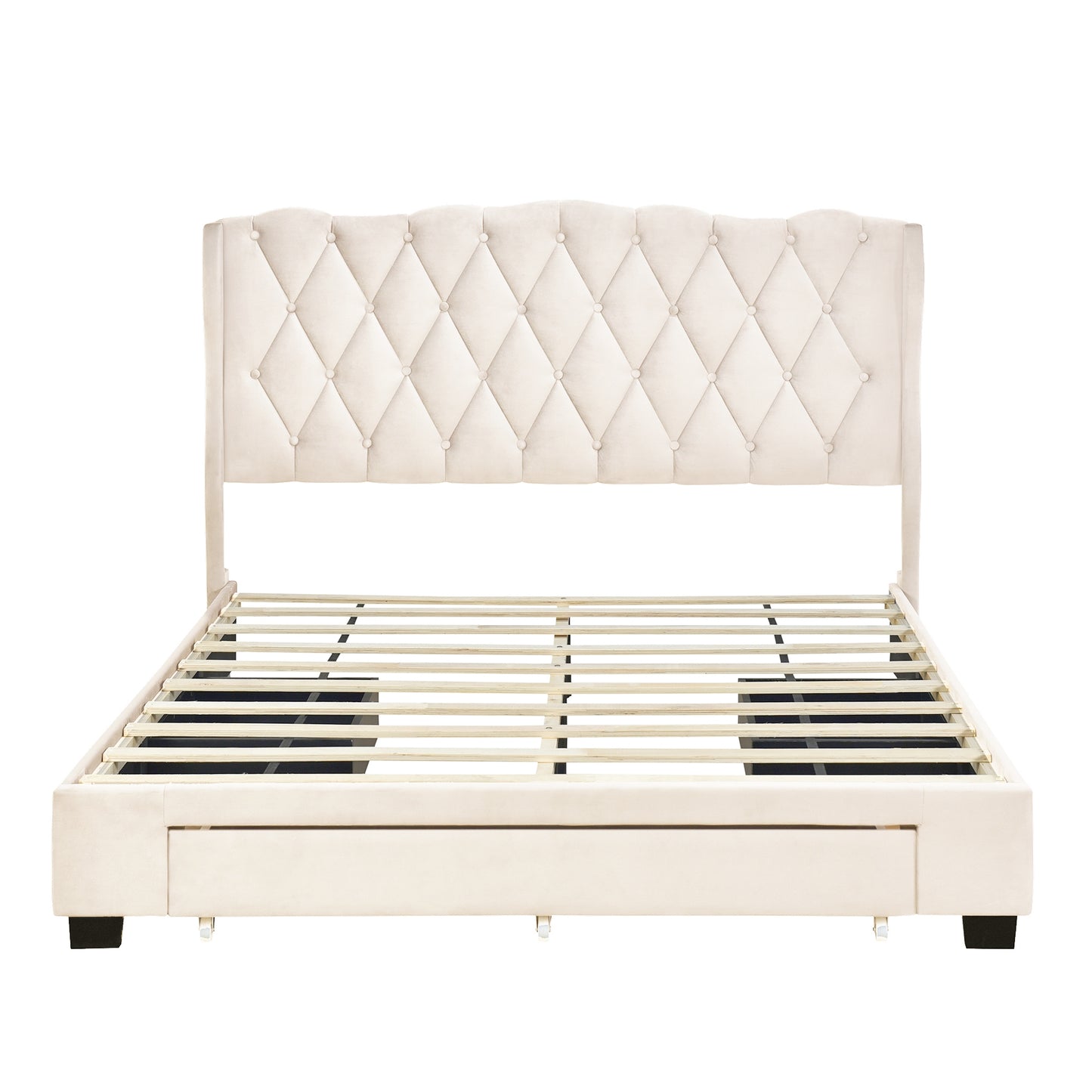 Melysen Upholstered Platform Bed with Tufted Headboard and 3 Drawers, No Box Spring Needed, Velvet Fabric, Queen Size