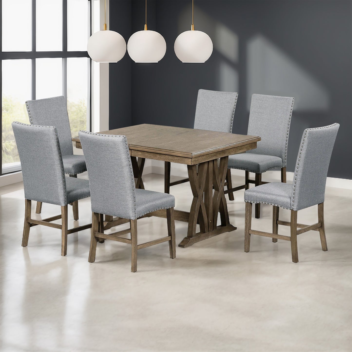 Melysen Mid-Century Solid Wood 7-Piece Dining Table Set Extendable Kitchen Table Set with Upholstered Chairs and 12" Leaf for 6, Golden Brown+Gray Cushion