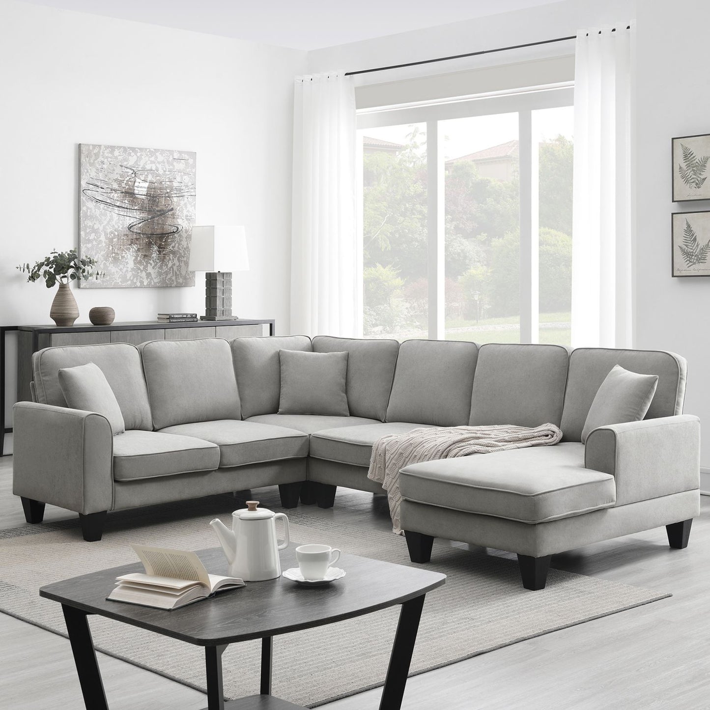 Melysen 108*85.5" Modern U Shape Sectional Sofa, 7 Seat Fabric Sectional Sofa Set with 3 Pillows Included for Living Room, Apartment, Office,3 Colors