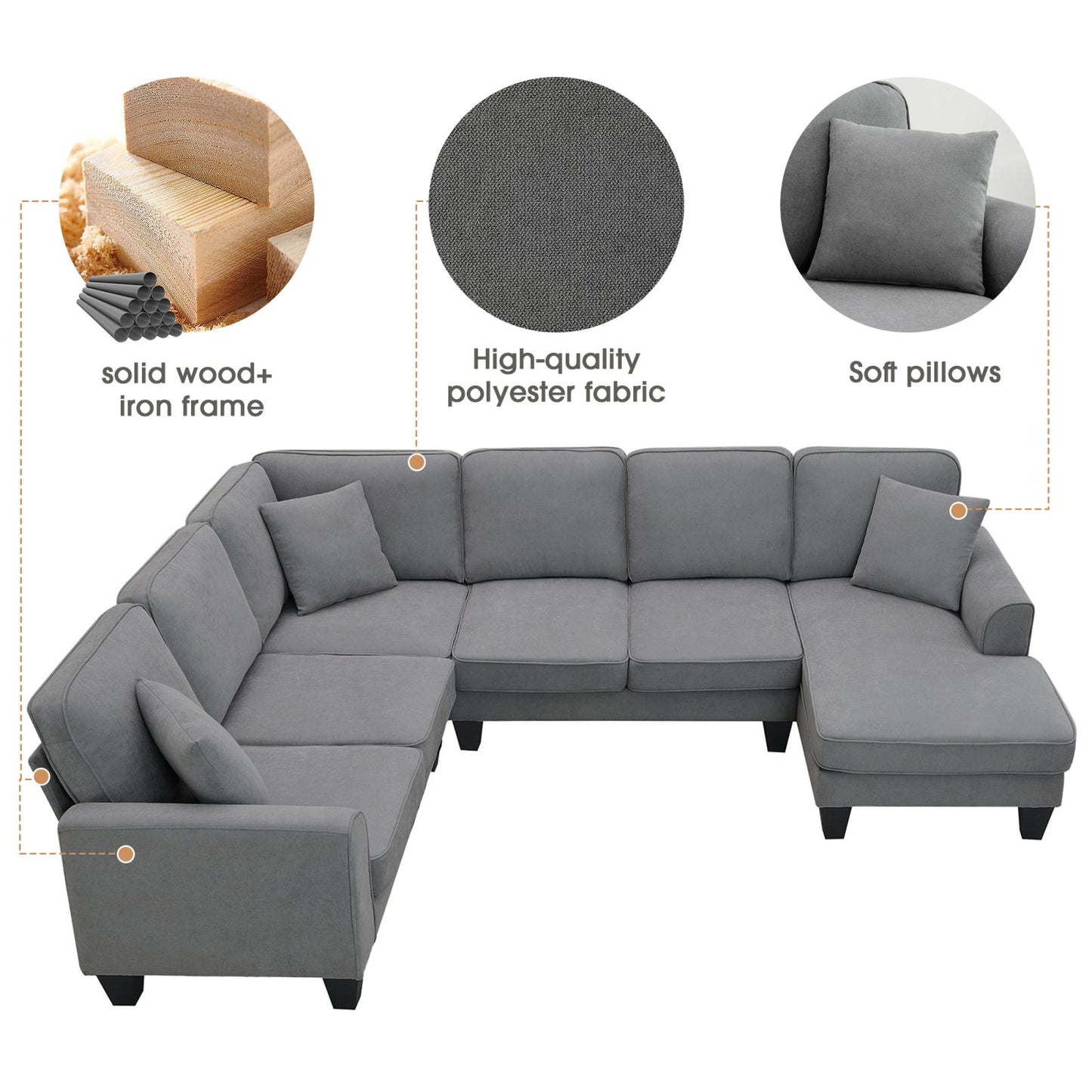 Melysen 108*85.5" Modern U Shape Sectional Sofa, 7 Seat Fabric Sectional Sofa Set with 3 Pillows Included for Living Room, Apartment, Office,3 Colors