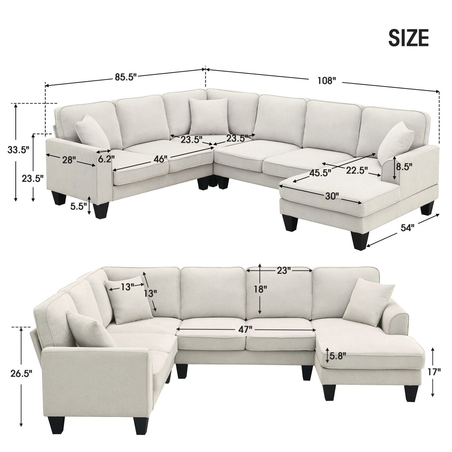 Melysen 108*85.5" Modern U Shape Sectional Sofa, 7 Seat Fabric Sectional Sofa Set with 3 Pillows Included for Living Room, Apartment, Office,3 Colors