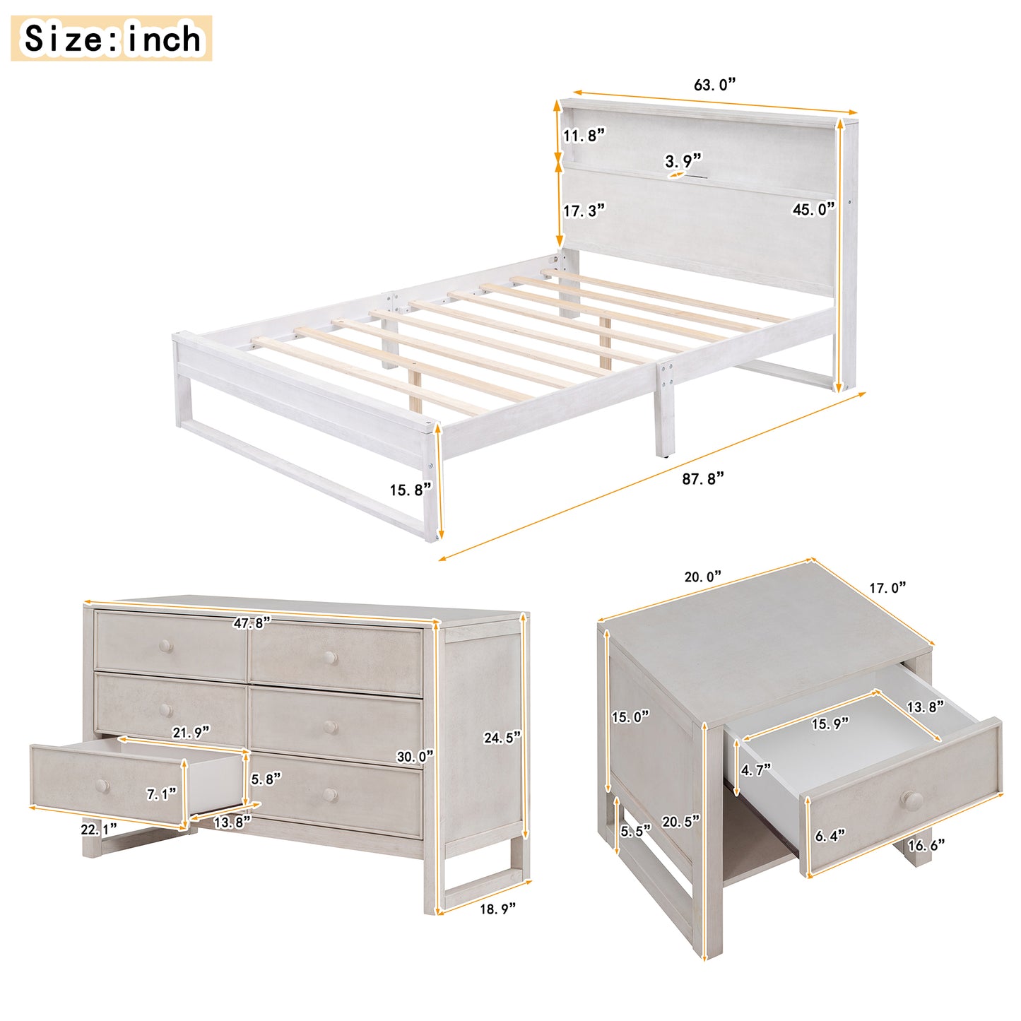 Melysen 3-Pieces Bedroom Sets Queen Size Platform Bed with Nightstand and Dresser,Antique White