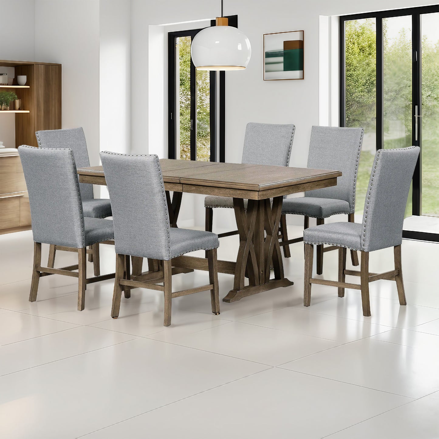 Melysen Mid-Century Solid Wood 7-Piece Dining Table Set Extendable Kitchen Table Set with Upholstered Chairs and 12" Leaf for 6, Golden Brown+Gray Cushion