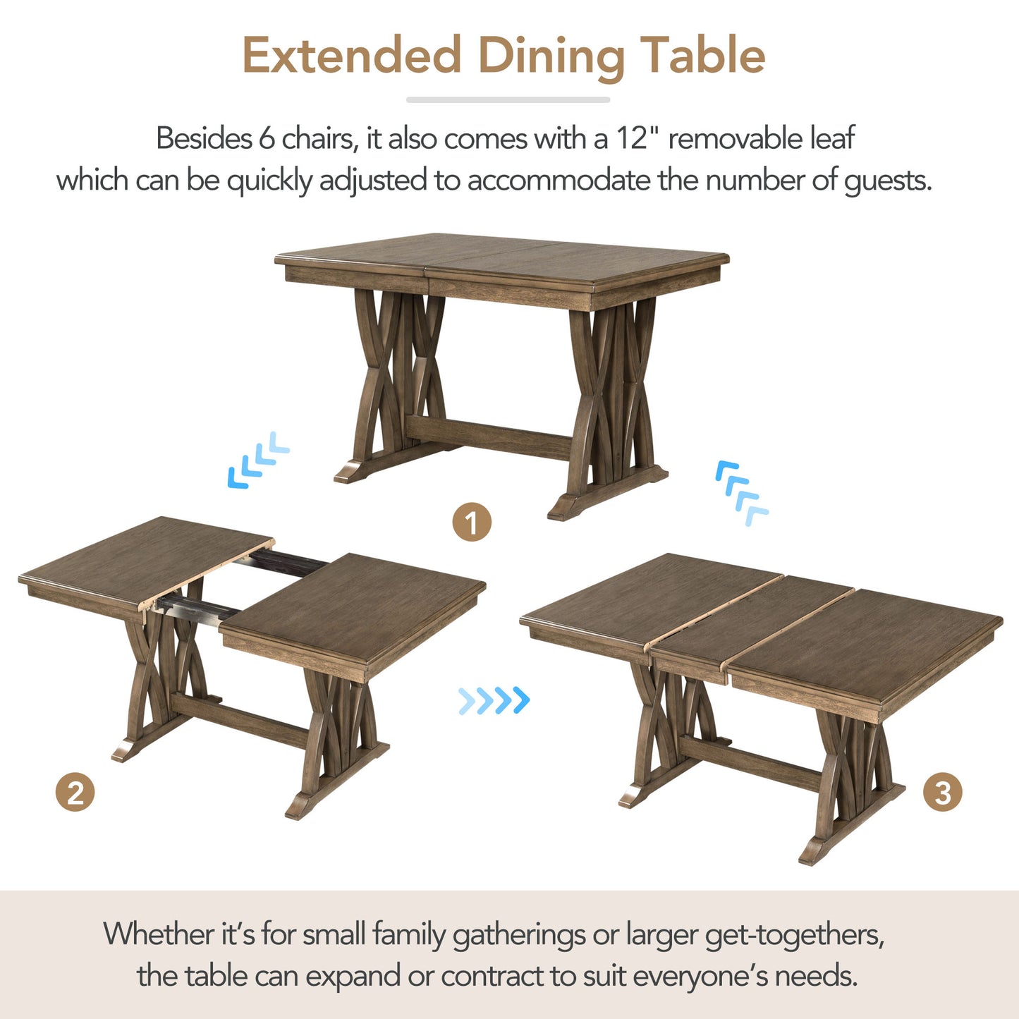 Melysen Mid-Century Solid Wood 7-Piece Dining Table Set Extendable Kitchen Table Set with Upholstered Chairs and 12" Leaf for 6, Golden Brown+Gray Cushion