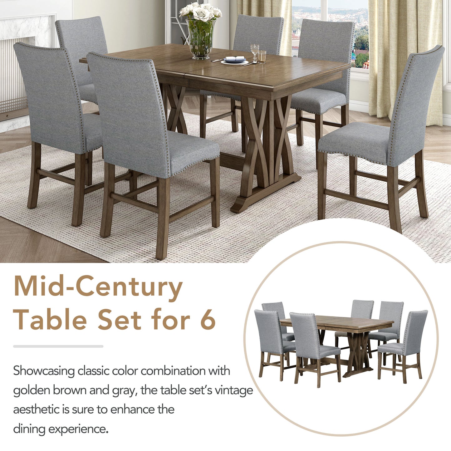 Melysen Mid-Century Solid Wood 7-Piece Dining Table Set Extendable Kitchen Table Set with Upholstered Chairs and 12" Leaf for 6, Golden Brown+Gray Cushion