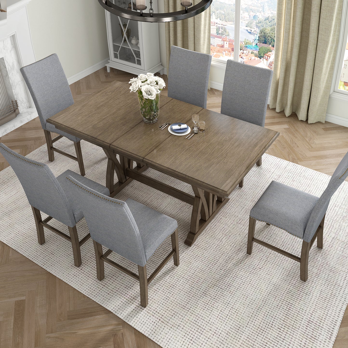 Melysen Mid-Century Solid Wood 7-Piece Dining Table Set Extendable Kitchen Table Set with Upholstered Chairs and 12" Leaf for 6, Golden Brown+Gray Cushion