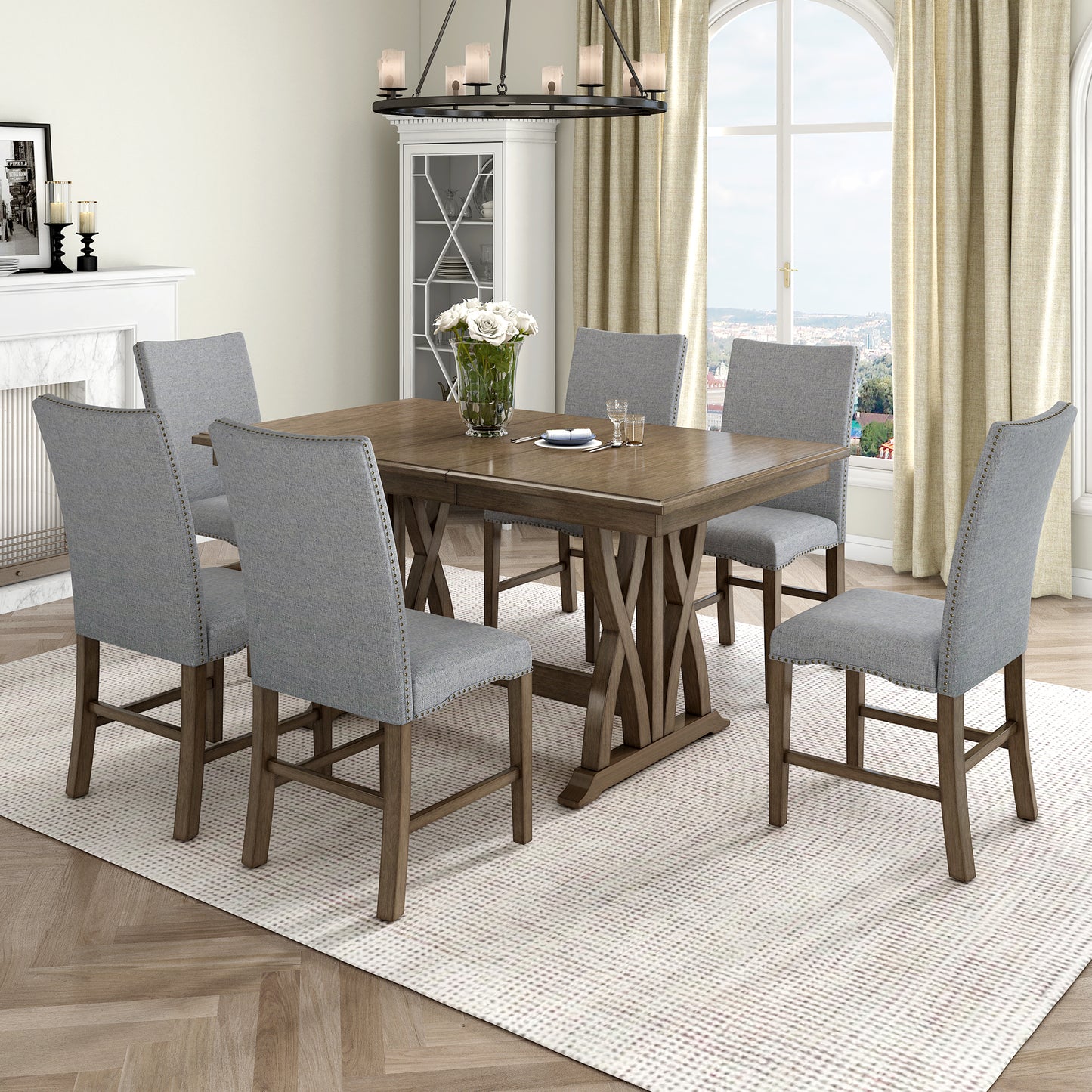 Melysen Mid-Century Solid Wood 7-Piece Dining Table Set Extendable Kitchen Table Set with Upholstered Chairs and 12" Leaf for 6, Golden Brown+Gray Cushion