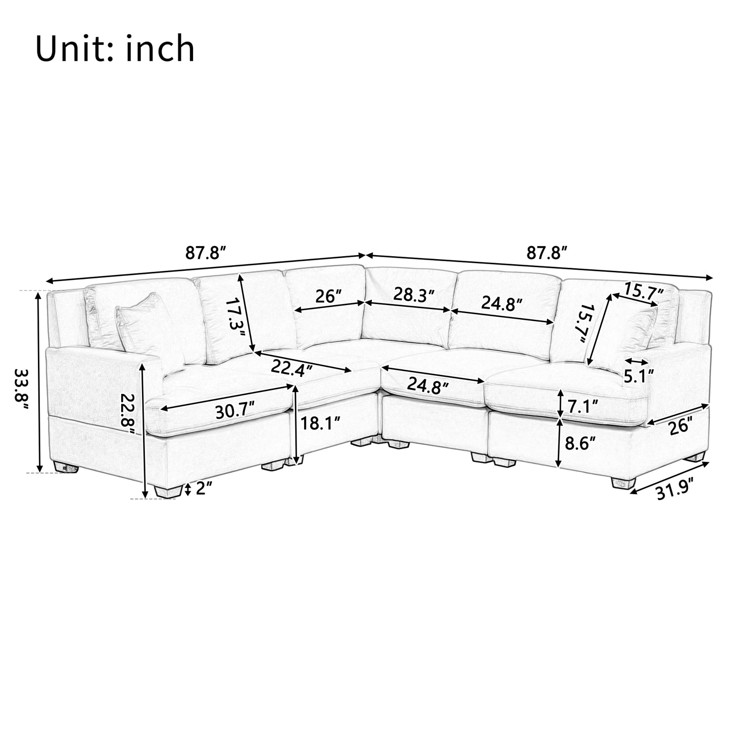 Melysen Sectional Modular Sofa with 2 Tossing cushions and Solid Frame for Living Room