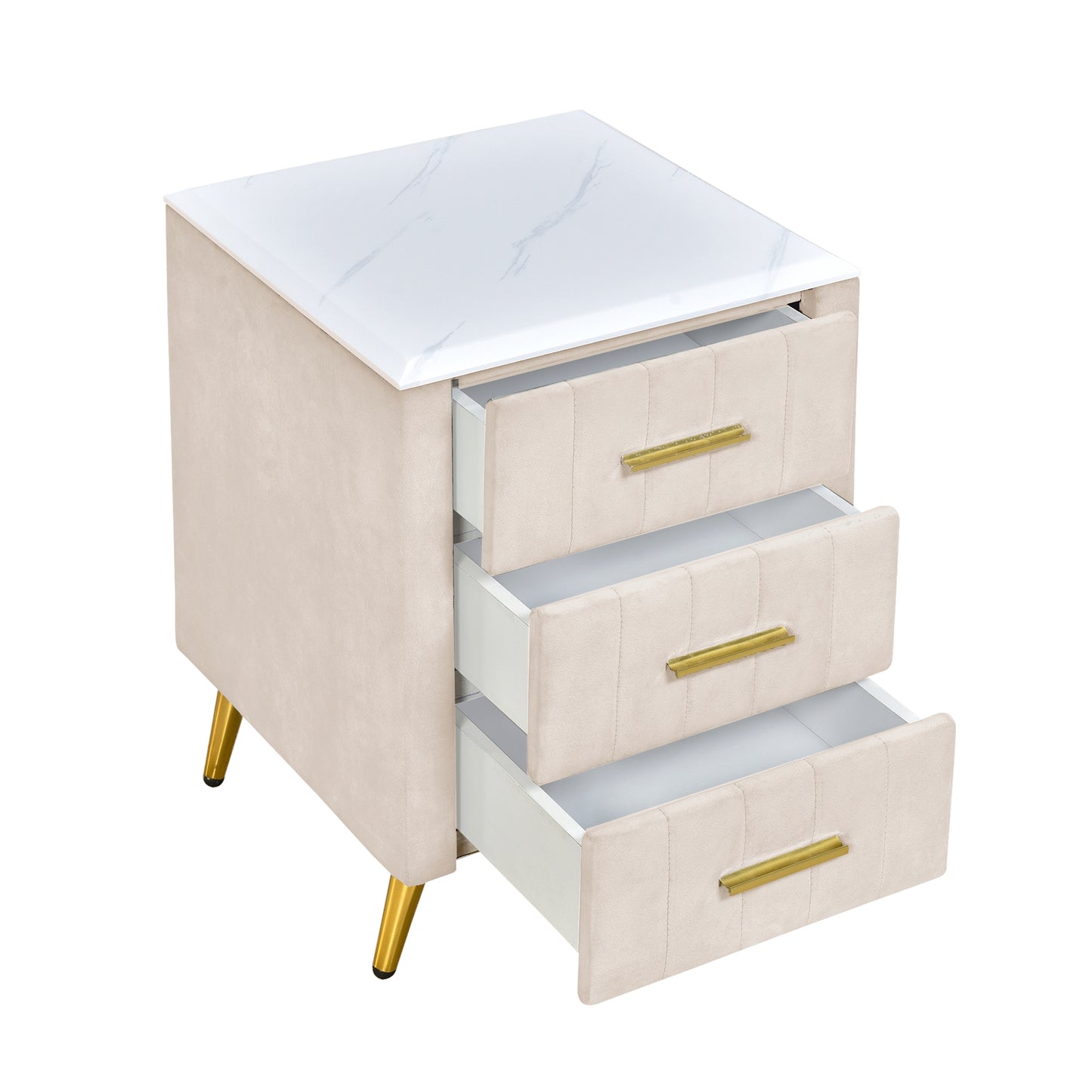 Melysen Upholstered Wooden Nightstand with 3 Drawers and Metal Legs&Handles,Fully Assembled Except Legs&Handles,Bedside Table with Marbling Worktop