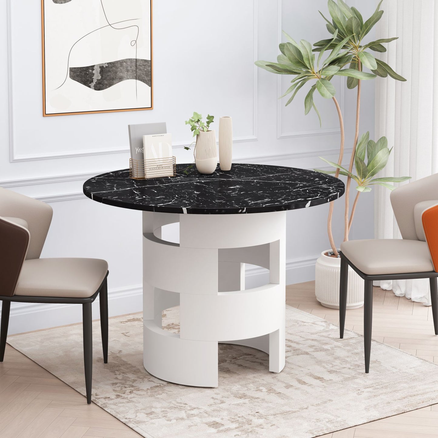 Melysen 42.12"Modern Round Dining Table with Printed Black Marble Table Top for Dining Room, Kitchen, Living Room,Black and White