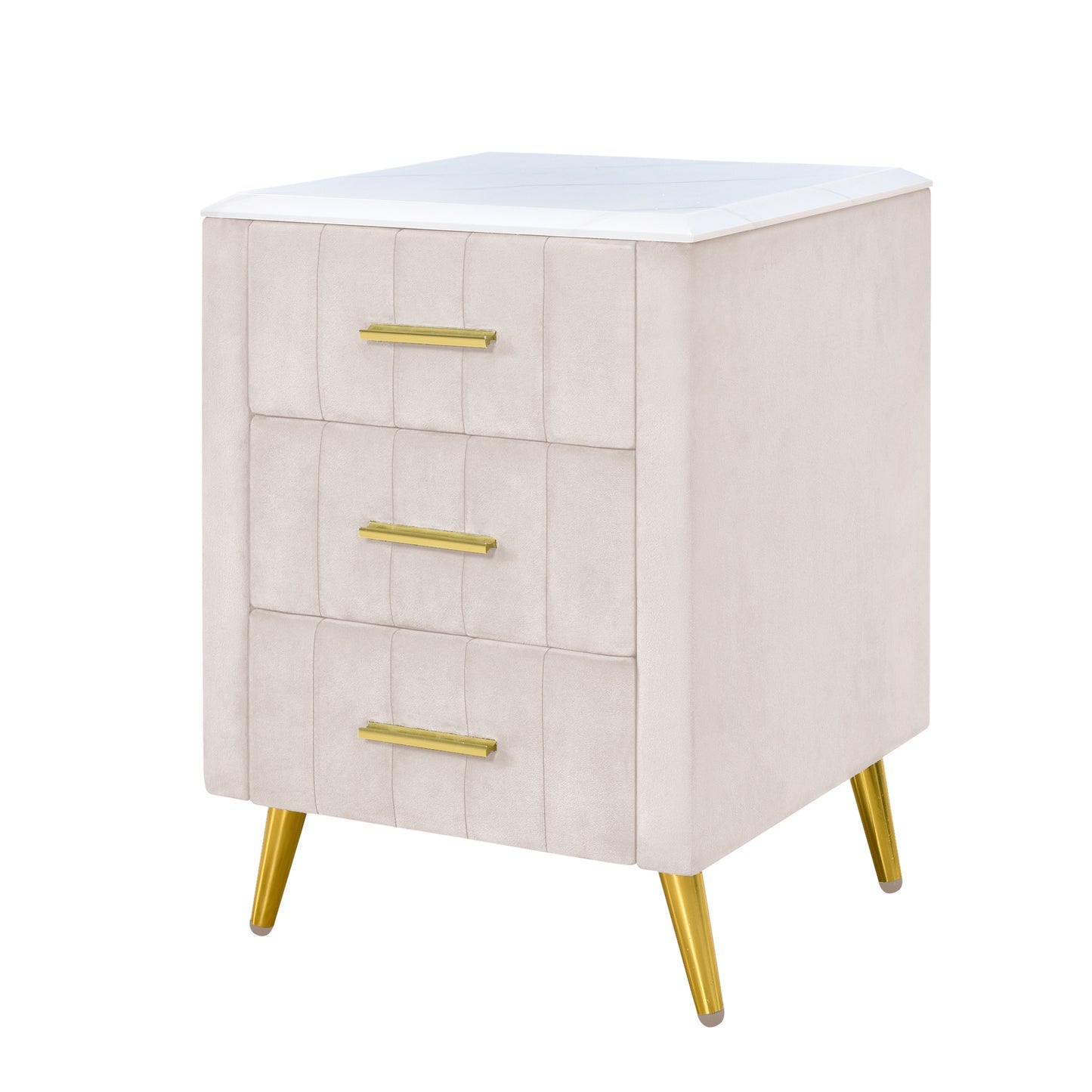 Melysen Upholstered Wooden Nightstand with 3 Drawers and Metal Legs&Handles,Fully Assembled Except Legs&Handles,Bedside Table with Marbling Worktop