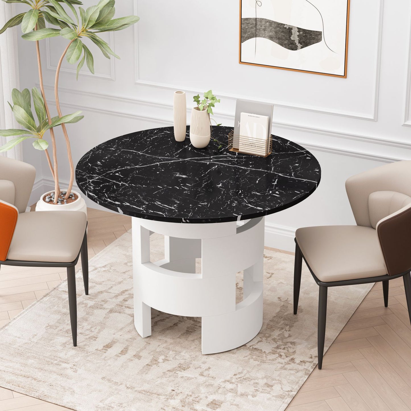 Melysen 42.12"Modern Round Dining Table with Printed Black Marble Table Top for Dining Room, Kitchen, Living Room,Black and White