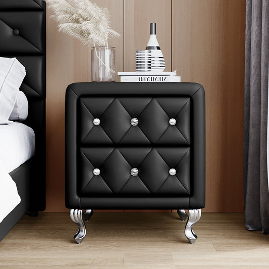 Melysen Elegant PU Nightstand with 2 Drawers and Crystal Handle,Fully Assembled Except Legs&Handles,Storage Bedside Table with Metal Legs - Black